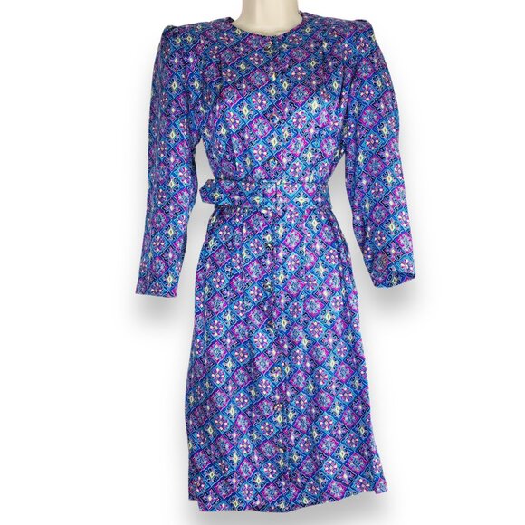 Vtg 80s Spenser Jeremy 100% Silk Dress geometric Purple Pink Women Sz 8 P Belt - Picture 1 of 12